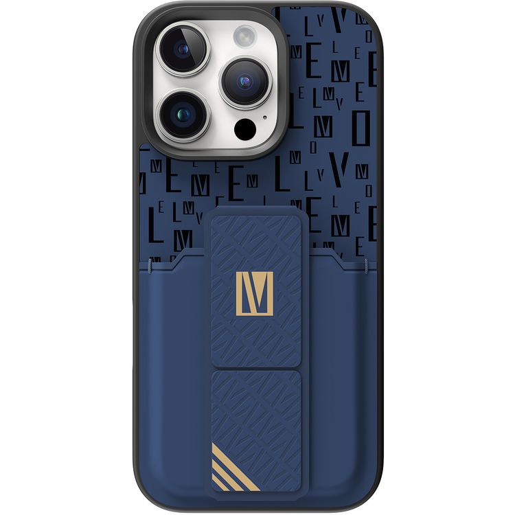 حافظة Levelo Morphix Gripstand مع حامل بطاقات لهاتف iPhone 16 Pro، حامل بطاقات مدمج، زوايا مقاومة للصدمات، ملمس نحيف بدون غطاء، حافة كاميرا مرتفعة، مادة فائقة المتانة - أزرق