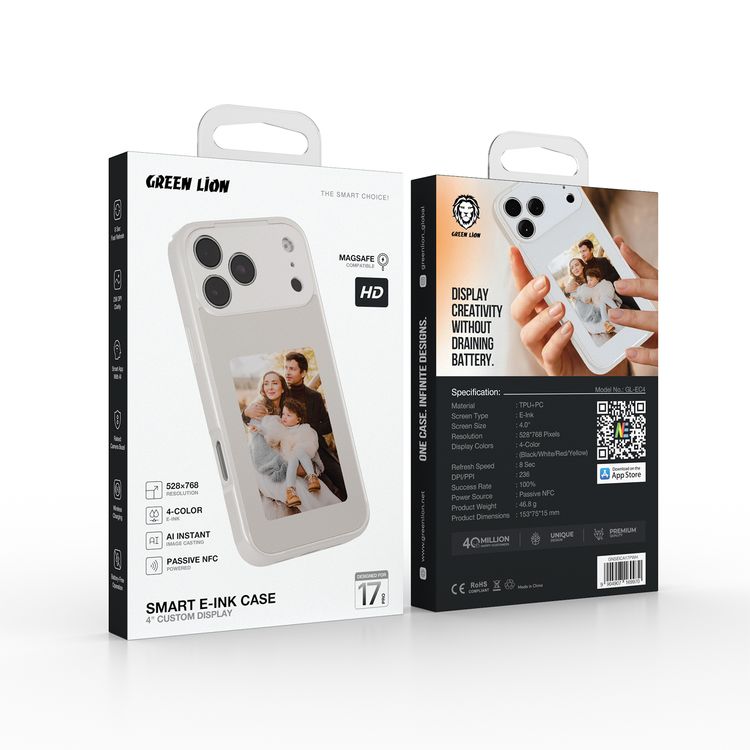 Green Lion Smart E-Ink Case for iPhone 17 Pro with MagSafe Compatibility, 4" Custom Display, 4-Color Display Colors, 528 × 768 Resolution, AI Instant Image Casting, Passive NFC Powered, 8 Seconds Fast Refresh, Smart App with AI, Raised Camera Bezel, Battery-Free Operation - White