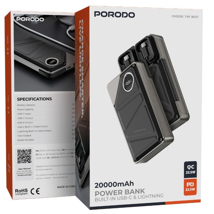 باور بانك بورودو 2x Type-C، بقدرة 20000 مللي أمبير، 2.4 أمبير لايتنينج، مخرج USB-A بقوة 22.5 وات، PD 20 وات، شاشة رقمية، شحن متزامن - أسود