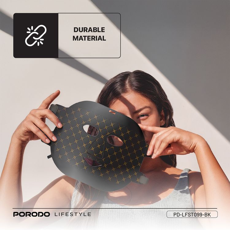 Porodo Lifestyle Red Light Therapy Face Mask with Portable Battery Connection, Type-C Charging Cable, 1000mAh Battery Capacity, 7-Color Light Therapy - Black