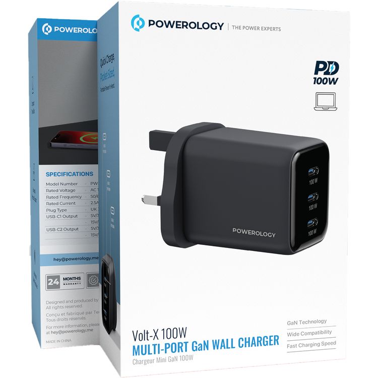 Powerology Volt-X 100W Multi-Port GaN Wall Charger with triple USB-C Ports, Advanced Safety Features, Wide Compatibility, Universal Protocol Support, Fast Charging Speed, GaN Technology, Compact Travel Size - Black