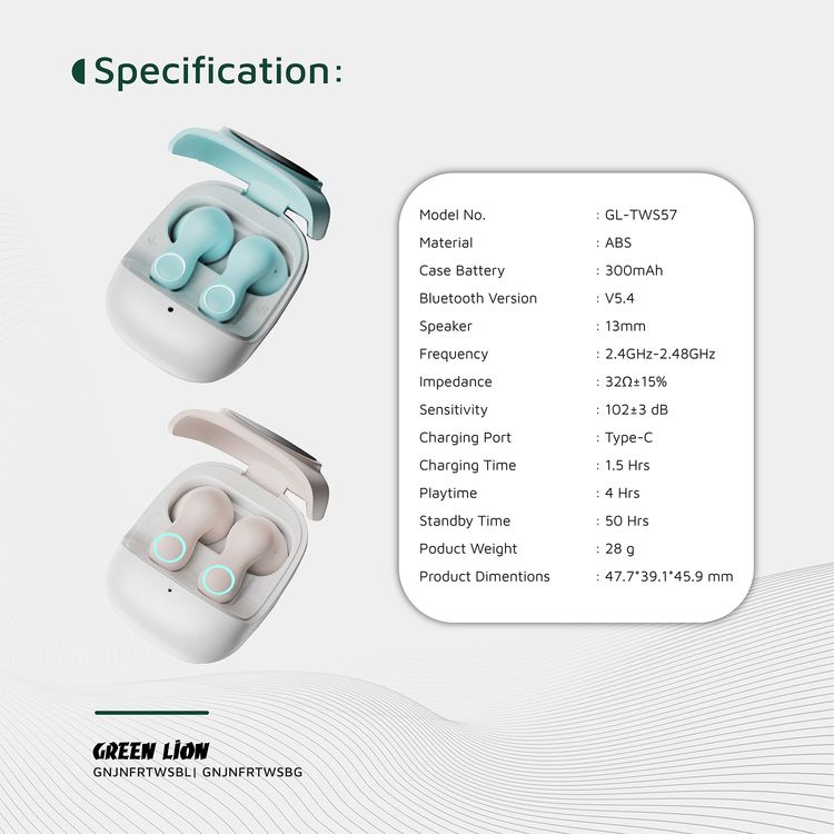 Green Lion Jenifer True Wireless Earbuds TWS, Touch Control, Voice Assistant, Breathing Lights, Clear Call Quality - Sky Blue