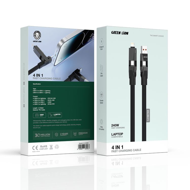 Green Lion 4 in 1 Fast Charging Cable with 240W Output,  1.2M Cable Length, Wide Compatible, 480Mbps Transfer Speed, TPU Cable - Black