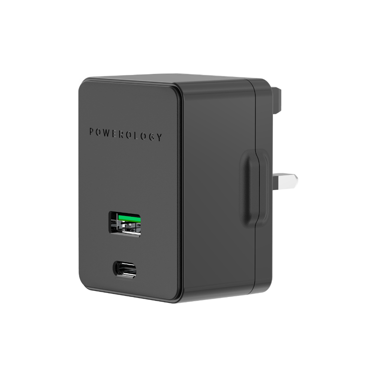 Powerology Dual Port Ultra-Quick PD Charger 36W with Type-C Cable 1.2m - Black	