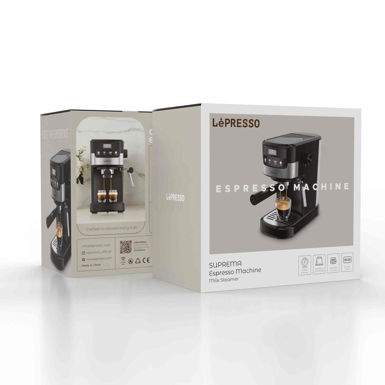 LePresso Suprema Espresso Machine, Minimal Device, Two Cups Dual, Touch Display, Nespresso Compatible, Milk Steamer, Intuitive Screen, 1.2L Water Tank Capacity, 1100W Power Rate - Black