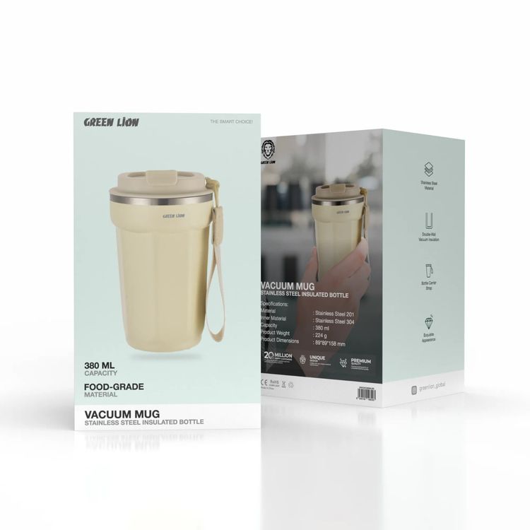 كوب تفريغ جرين ليون، سعة 380 مل، مصنوع من الفولاذ المقاوم للصدأ، عازل حراري بجدار مزدوج، تصميم فاخر - بيج