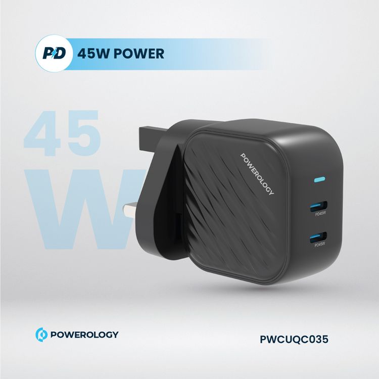 Powerology GaN Dual-USB-C Wall Charger with 45W Power Delivery, Built-in Safeguards, Universal Compatibility, 1.5A Rated Current, AC 100-240V Rated Voltage - Black