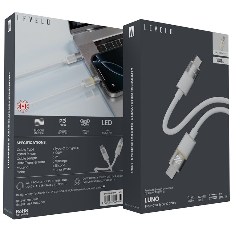 Levelo Luno USB-C to USB-C Cable with 100W Power Delivery, 1m Cable Length, 480Mbps Data Transfer Speed, Silicone Material, Tangle-Free, LED Indicator - Lunar White