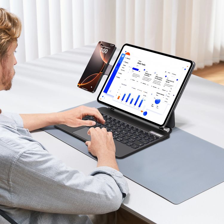 Powerology Dynaboard Wireless Keyboard Case for iPad Pro 11" (M4), MagSafe Phone Holder, Touch Pad, Multimedia Keys, 500mAh Battery Capacity, 8 Days Working Time, 2.5 Hours Charging Time, Easy Pencil Access, Bluetooth Version 5.1, 10m Transmission Range, Snap-On Attachment - Black