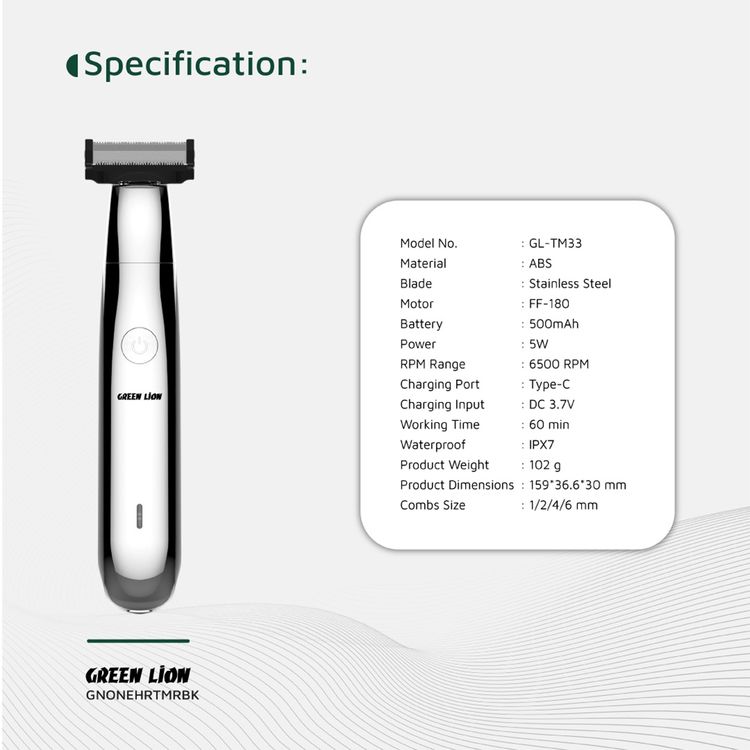 Green Lion One Blade Pro Hair Trimmer with 4 Interchangeable Combs, Up to 60 Minutes Working Time, 6500RPM Motor Speed, LED Indicator, Stainless Steel Blade - Black