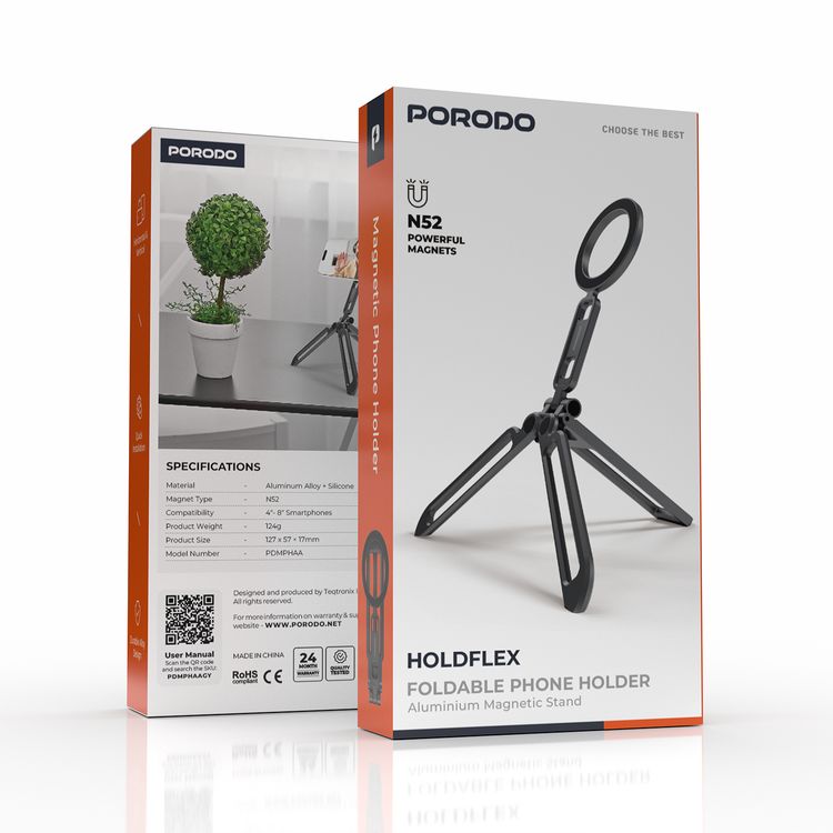Porodo Holdflex Foldable Phone Holder with Aluminum Magnetic Stand, Quick Installation, Horizontal & Vertical Viewing, Aluminum Alloy & Silicone Material, Compatible with 4"-8" Smartphones - Gray