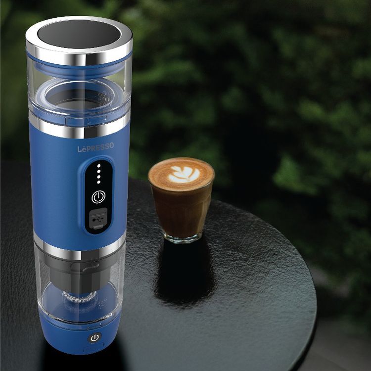 LePresso 4-in-1 Portable Coffee Machine with Milk Frother, 80mL Capacity, 20BAR Pressure, 2500mAh Battery Capacity, 100W Power, Compatible with Coffee Powder & Capsules, 3-4 Minutes Brewing Time - Blue