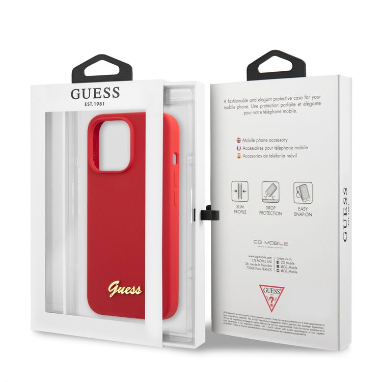 CG MOBILE Guess Liquid Silicone Case with Gold Metal Logo Script Compatible for iPhone 13 Pro (6.1") Anti-Scratch, Easy Access to All Ports, Shock Absorption