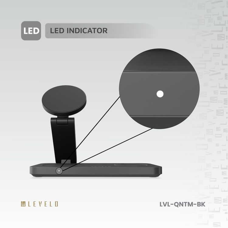 Levelo Quantum 3-in-1 Wireless Charger with 15W Phone Output, 5W AirPods Output, 3W iWatch Output, Strong N52 Magnet, LED Indicator, Compatible with MagSafe, Over Temperature Protection, Simultaneous Charging, Over Voltage Protection, Fast Charging, Foldable Design - Black