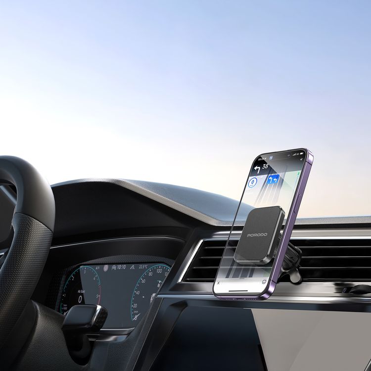 Porodo Dual Mount Magnetic Phone Holder with Dash & Air Vent Clip, Adjustable Viewing Angle, N52 Magnet Type, Multi-Surface Mounting, Strong Magnetic Hold - Black