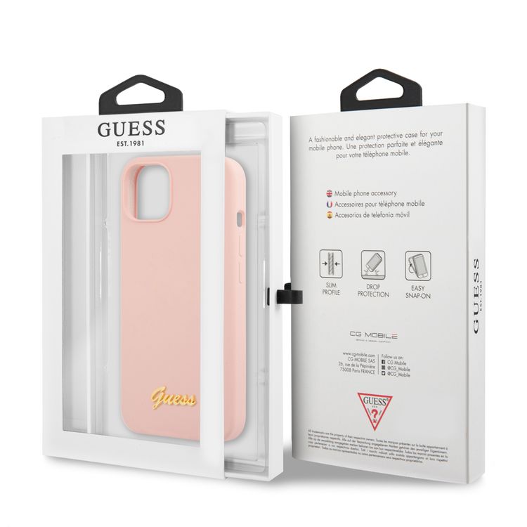 CG MOBILE Guess Liquid Silicone Case with Gold Metal Logo Script Compatible for iPhone 13 mini (5.4") Anti-Scratch, Easy Access to All Ports, Shock Absorption
