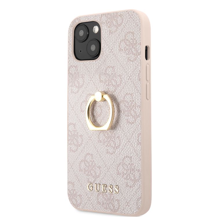 CG MOBILE Guess PU Leather 4G Case with 360° Rotating Ring Grip Holder Stand Compatible for iPhone 13 (6.1") Suitable with Wireless Charging Officially Licensed - Pink