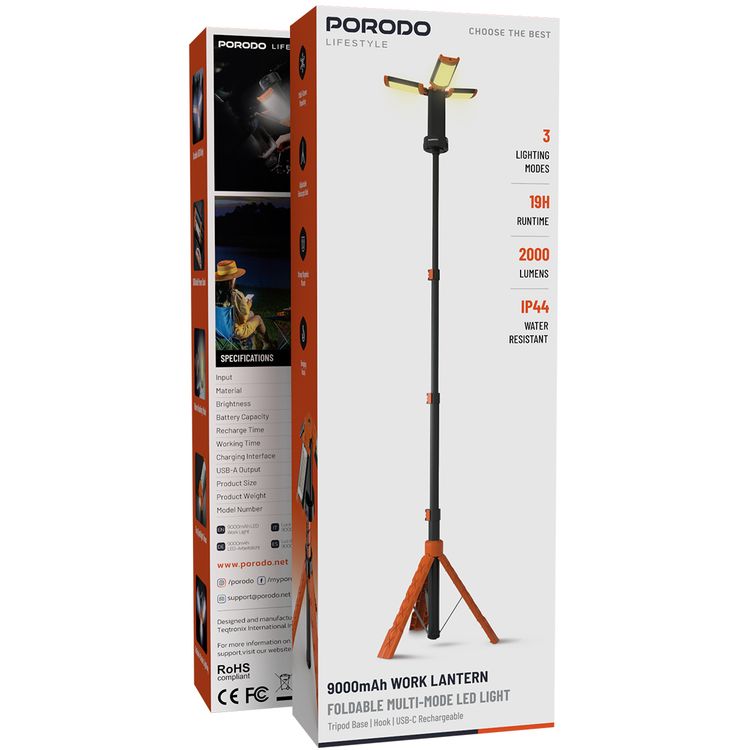Porodo 9000mAh Work Lantern with Multi-Mode LED Light, Durable ABS Body Material, Tripod Base, Hanging Hook, USB-C Charging Port, Warm Reading Mode, Top Spotlight Beam, Up to 19 Hours Working Time, IP44 Water Resistance Level  - Orange
