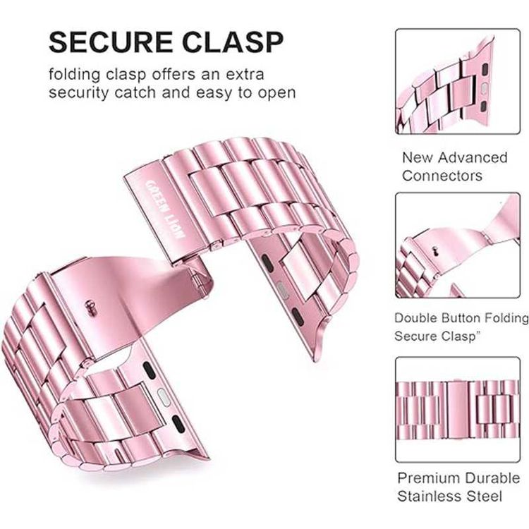 Green Lion Link Stainless Steel Strap for Apple Watch 42/44/45/49mm, Double Button Folding Clasp, Lightweight & Easy to Install, Comfortable to Wear, Waterproof - Rose Gold