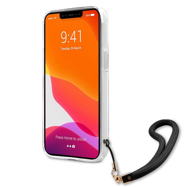 CG MOBILE Guess PC/TPU Case Camo Design & Stripe with Anti-Lost Nylon Strap for iPhone 13 Pro (6.1") Back Cover Suitable with Wireless Chargers Officially Licensed Black