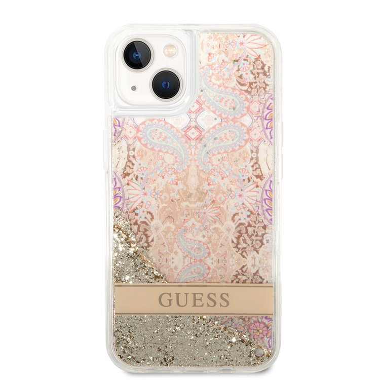 Guess Liquid Glitter Case with Flower Pattern Extra Shine Smooth Touch Feel iPhone 14 Compatibility - Gold