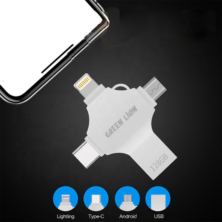 Green Lion 4-in-1 USB Flash Drive 128GB with High Speed Data Transfer, USB-A, USB-C, Micro USB & Lightning Connectors - Silver