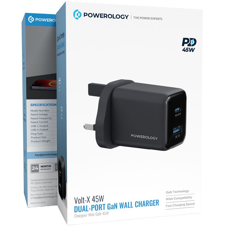 Powerology Volt-X 45W Dual-Port GaN Wall Charger, Fast Charging Speed, USB-A & USB-C Output, Wide Compatibility, Compact Travel Size, Universal Protocol Support - Black