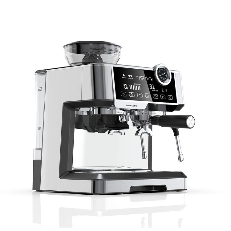 LePresso Dual Boiler Espresso Machine with Adjustable Grinder, Automatic Shutdown, Milk Frothing Nozzle, CUP Warmer - Silver