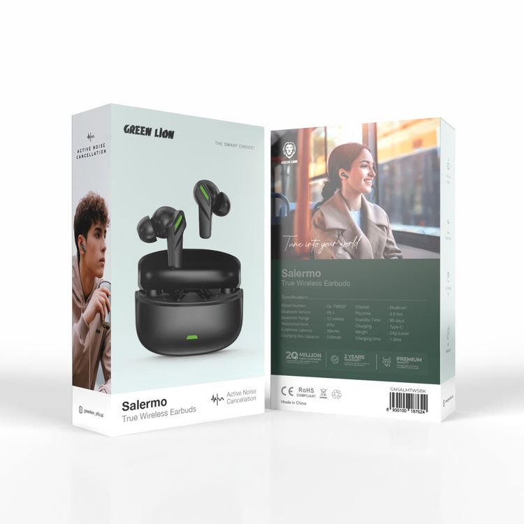 Green Lion Salermo True Wireless Earbuds, Active Noise Cancelation, 4.5 hrs Playtime, Bluetrum Chipset, IPX4 Waterproof - Black