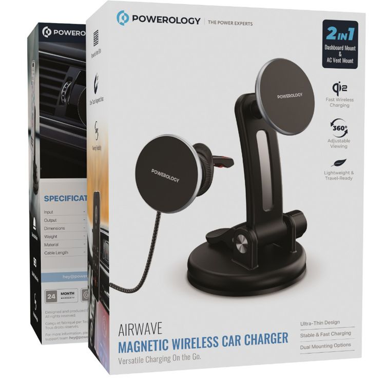 شاحن السيارة المغناطيسي باورولوجي إير ويف مع حامل للوحة القيادة وحامل لفتحة التهوية، بطاقة شحن للهاتف تبلغ 15 واط، وطاقة شحن للسماعات تبلغ 5 واط، شحن لاسلكي سريع Qi2، طول الكابل 1.2 متر، زاوية مشاهدة 360 درجة،