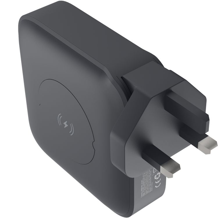 Powerology 10000mAh Wall Charger Power Bank with 20W Power Delivery, 15W Wireless Output, 0%-60% Charge in 35 Minutes, 18W USB-A QC Output, Interchangeable EU & US Adapters - Black