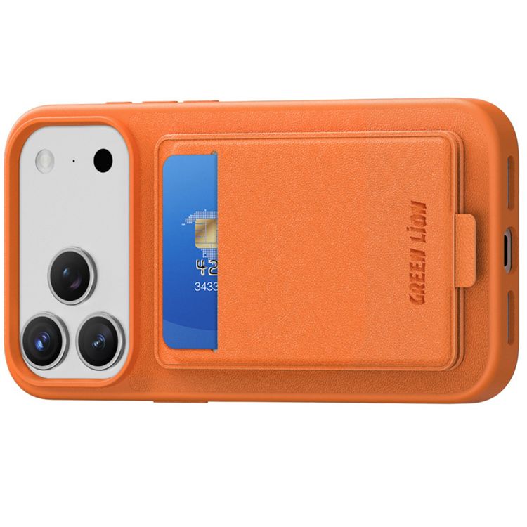 Green Lion Regal MagSafe Leather Case with Card Holder for iPhone 17 Pro, Anti-Fingerprint, Foldable Stand, Camera Protection, Comfortable Grip, Anti-Scratch, Shock Absorption - Orange