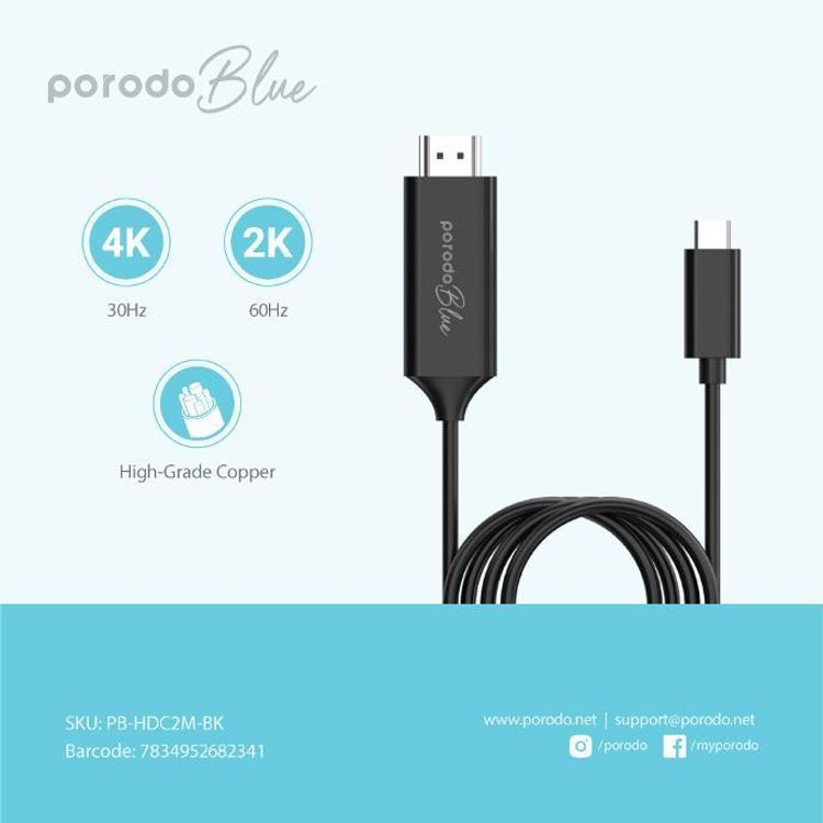 Porodo Blue Type-C to HDMI Ultra HD Cable with 2m Length, High-grade Copper Material, Highest Quality Video, Plug & Play - Black
