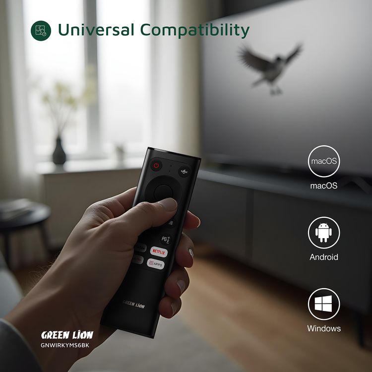 جهاز Green Lion Wireless Remote Pro مع لوحة مفاتيح وفأرة، اتصال 2.4G + بلوتوث، دقة 1200 DPI، منفذ شحن Type-C، مساعد صوتي، 61 مفتاح للوحة المفاتيح، سعة بطارية 300mAh، لوحة مفاتيح صغيرة – باللون الأسود.