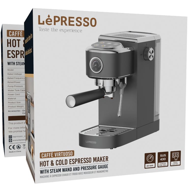 LePresso Hot & Cold Espresso Maker with Steam Wand & Pressure Gauge, 1.3L Water Tank Capacity, 1350W Rated Power, 20bar Pump Pressure, PCB Control & 6 Touch Buttons, Powerful Boiler - Gray