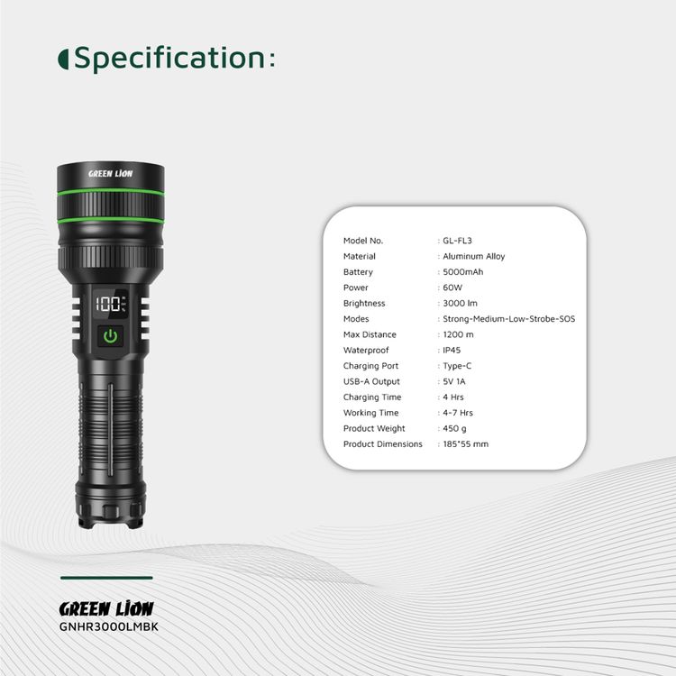 Green Lion Hyper Ray Pro LED Torch with Digital Display, Built-in Power Bank, Up to 7 Hours Working Time, 5 Light modes, 60W Power, Aluminum Alloy Material, 3000 Lumens Brightness - Black