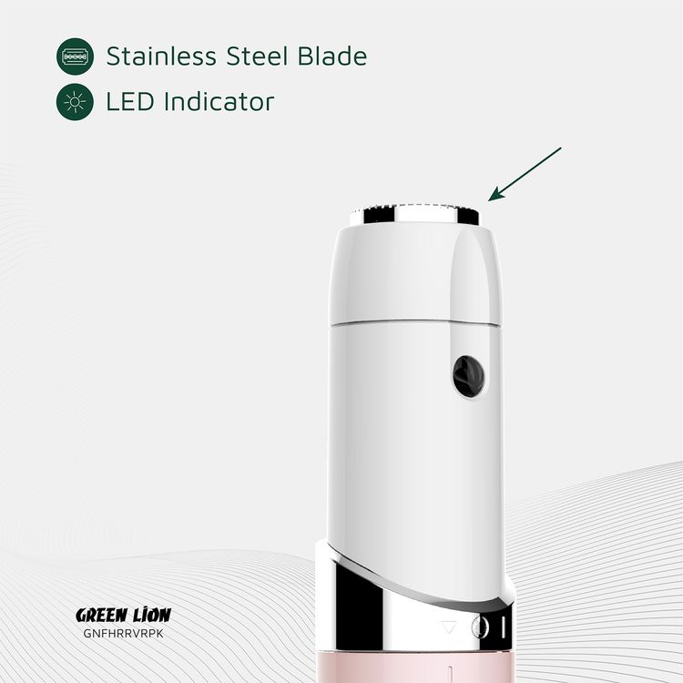 Green Lion Facial Hair Remover with Stainless Steel Blade & LED Indicator, 1W Power, 1000 RPM Motor Speed, Replaceable AA Battery, Protective Cover, Skin Friendly, Ergonomic Design - Pink
