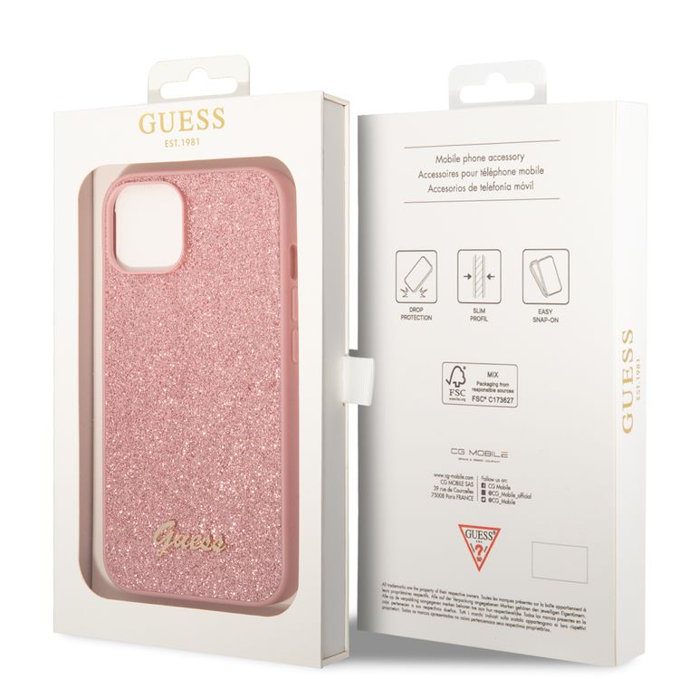 Guess PC/TPU Glitter Flakes Case with Script Metal Logo iPhone 14 Compatibility - Pink
