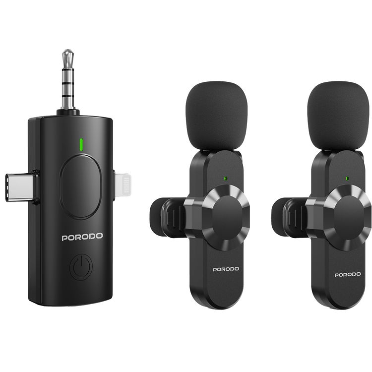 Porodo Lifestyle Audix Elite 3-in-1 Lavalier Microphone Set with USB-C, Lightning & 3.5mm AUX Connectors, Up to 3 Hours Working Time, Crystal Clear Audio, 100mAh Reciever & 40mAh Microphone Battery, Low Latency, Auto Pairing Technology, Instant Wireless Setup - Black