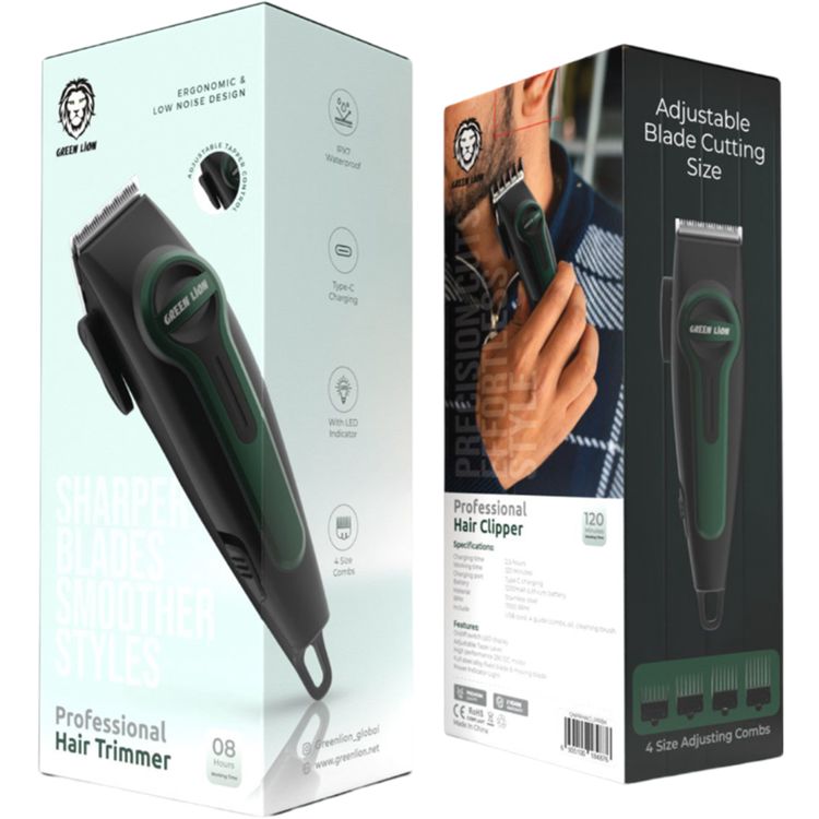 Green Lion Professional Hair Clipper with 4 Size Combs, Stainless Steel Material, 120 Minutes Working Time, 2.5 Hours Charging Time, 1200mAh Lithium Battery, Type-C Charging Port, LED Indicator - Black