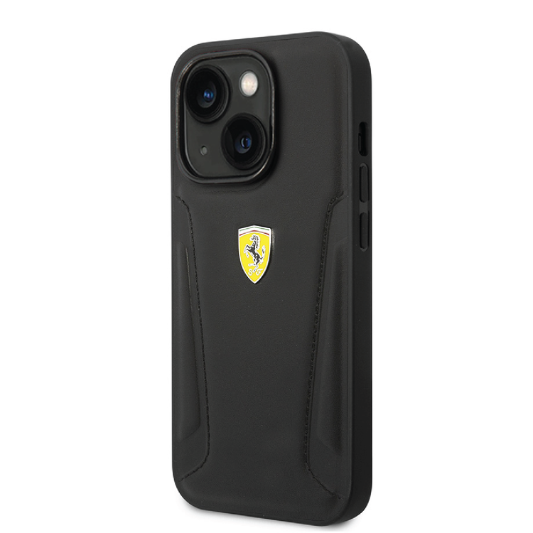 Ferrari Leather Case With Hot Stamped Sides & Yellow Shield Logo - iPhone 14 Plus - Black