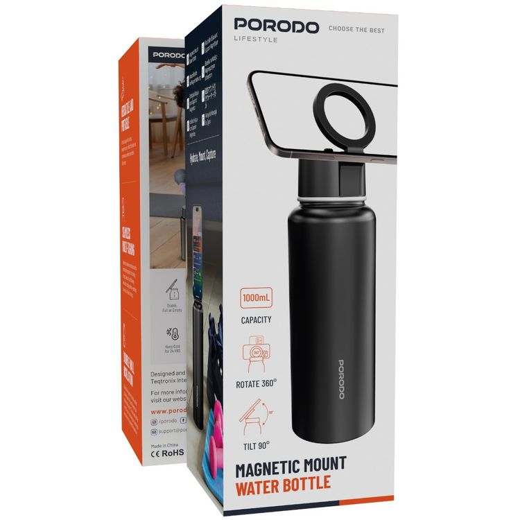 Porodo Lifestyle Magnetic Mount Water Bottle with 1L Capacity, Stainless Steel Material, Built-in Straw, Strong Magnetic Hold, Double Wall Insulation - Black