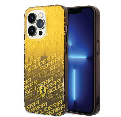 Ferrari Gradient PC/TPU Case with Allover Scuderia & Dyed Bumper iPhone 14 Pro Compatibility - Yellow