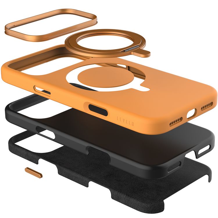 Levelo Iris Pro MagSafe Liquid Silicone Case with Built-in 360° Kickstand for iPhone 17 Pro Max, Metal Accents, Shock-Resistant Bumper, Aluminum Alloy Frame for Camera & Buttons, Drop-Tested, Strong Magnets, Premium Silicone Grip - Orange