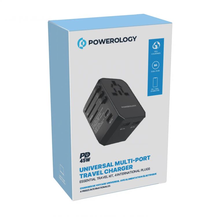 Powerology Universal Multi-Port Travel Charger with 45W Power Delivery, 8A Dual Fuse, Simultaneous Charging, Built-in Safeguards, Fast Charging, Active Protect - Black