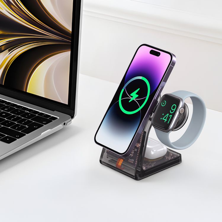 Porodo Transparent Shell Wireless Charging Stand with 15W Wireless Output, Multi-Device Charging, 3W Earbuds Output, Transparent Design, 2.5W Type-C Output - Black