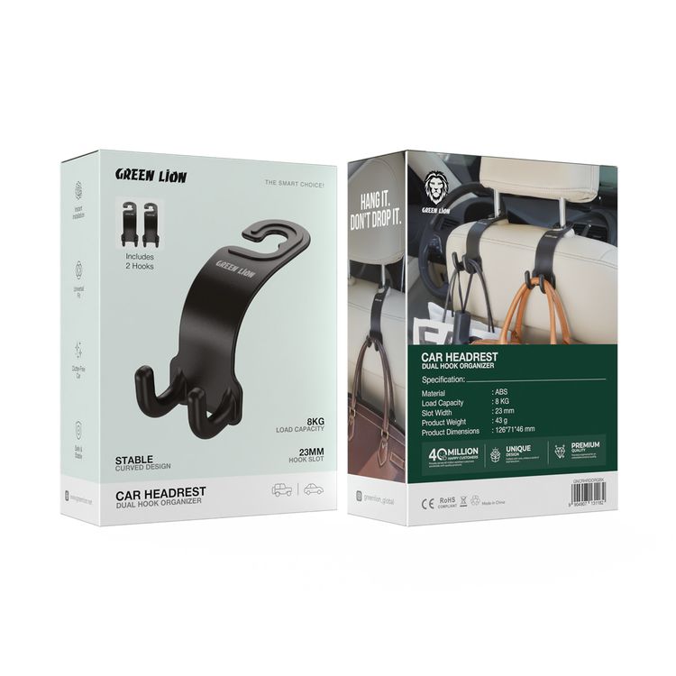 Green Lion Car Headrest Dual Hook Organizer with Stable Curved Design, Instant Installation, Universal Fit, Clutter-Free Car, Safe & Stable, 230mm Hook Slot, 8kg Load Capacity, 2 Hooks Included - Black