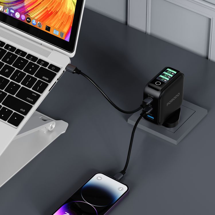 Porodo Nexora 3-Port 100W Wall Charger with LCD Display, 100W Power Delivery, QC 30W, GaN Technology, 3-Pin UK Plug, Universal Compatibility, Multi-Device Charging - Black