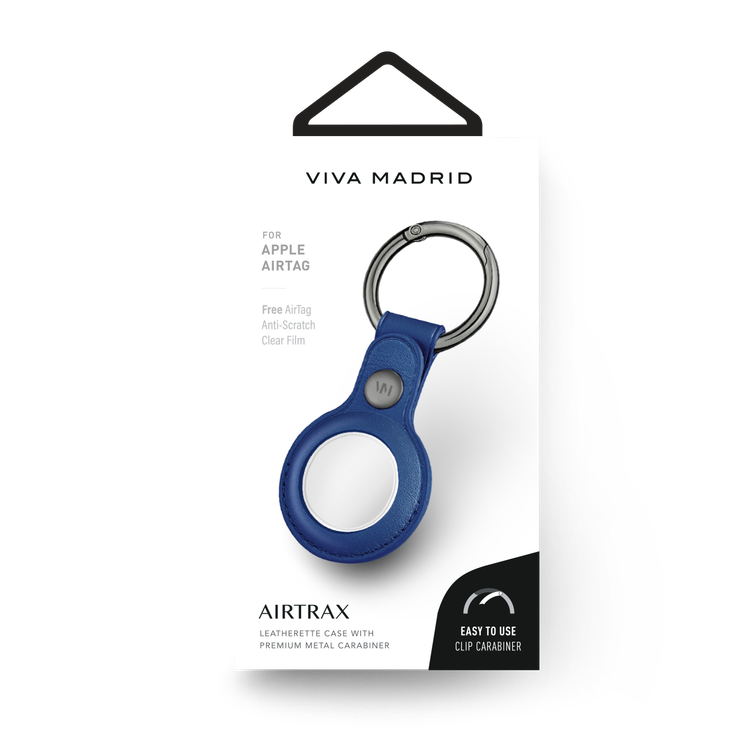 Viva Madrid Airtrax Leather Case Compatible with AirTag, Scratch Protective Skin Cover, Anti-Lost Holder with Key Ring Suitable for AirTag Bluetooth Tracker - Blue