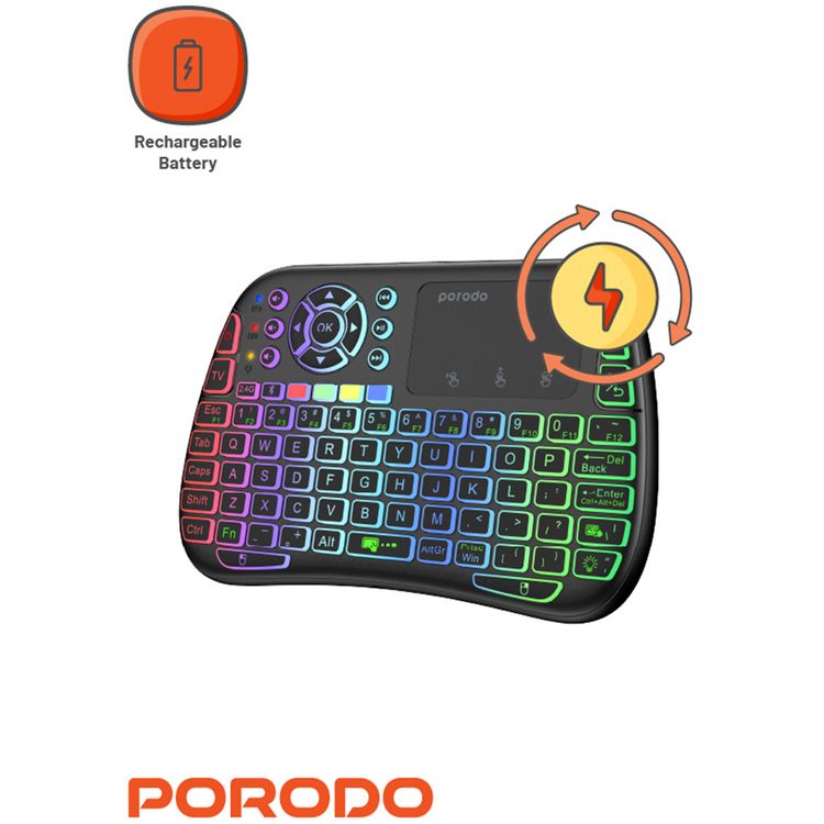 Porodo Gaming Remote Keyboard & Mouse with Programmable Buttons, Gesture Recognition, 10m Operational Range, 84 Keys, 5.2 Bluetooth, 300mAh Battery - Black
